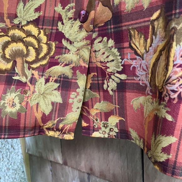 JAEGER Vintage Grate Britain 💯 Wool Brown Checked Floral Shirt Blouse Button Up - Picture 8 of 14